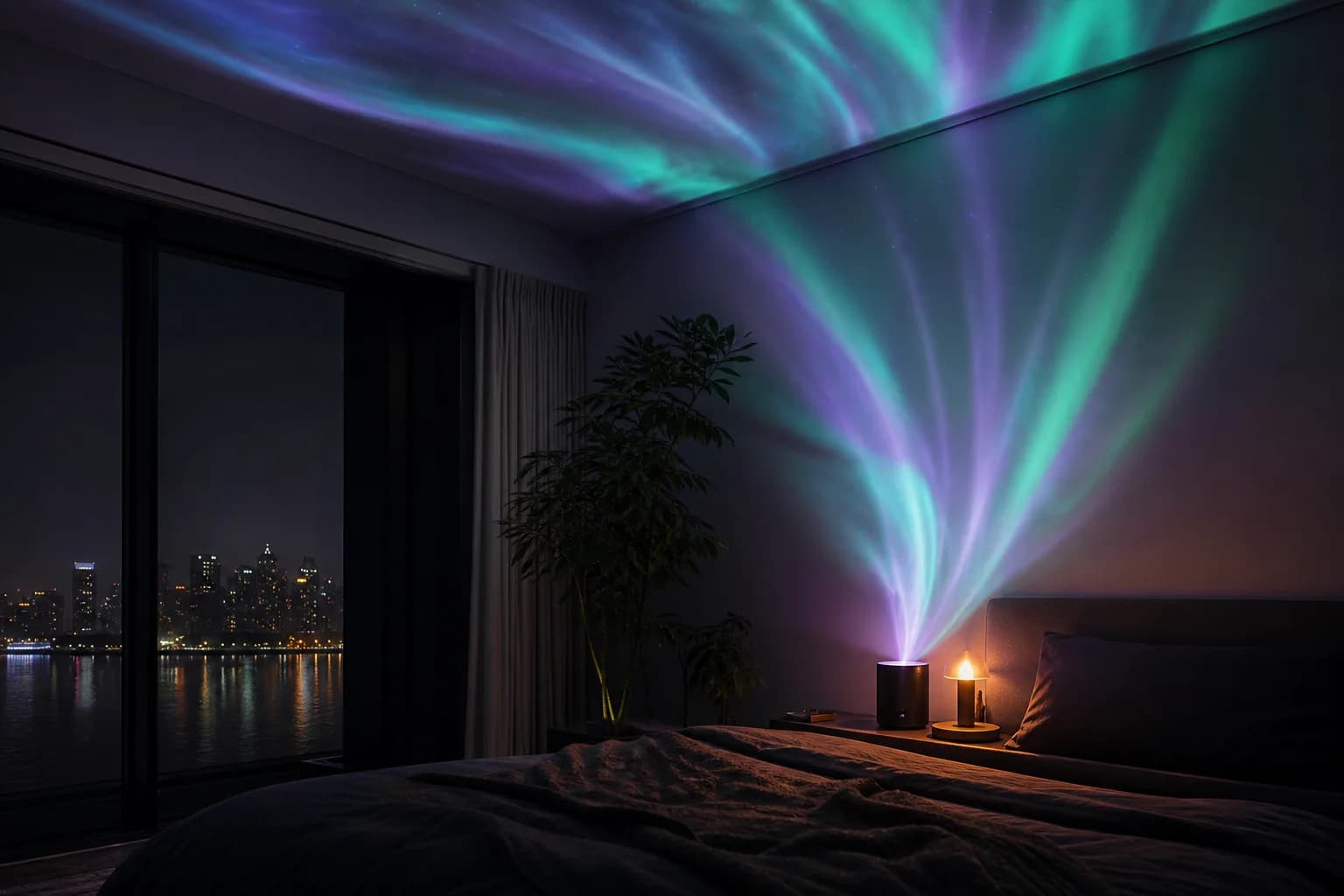 Camera da letto al buio illuminata da un proiettore di aurora boreale